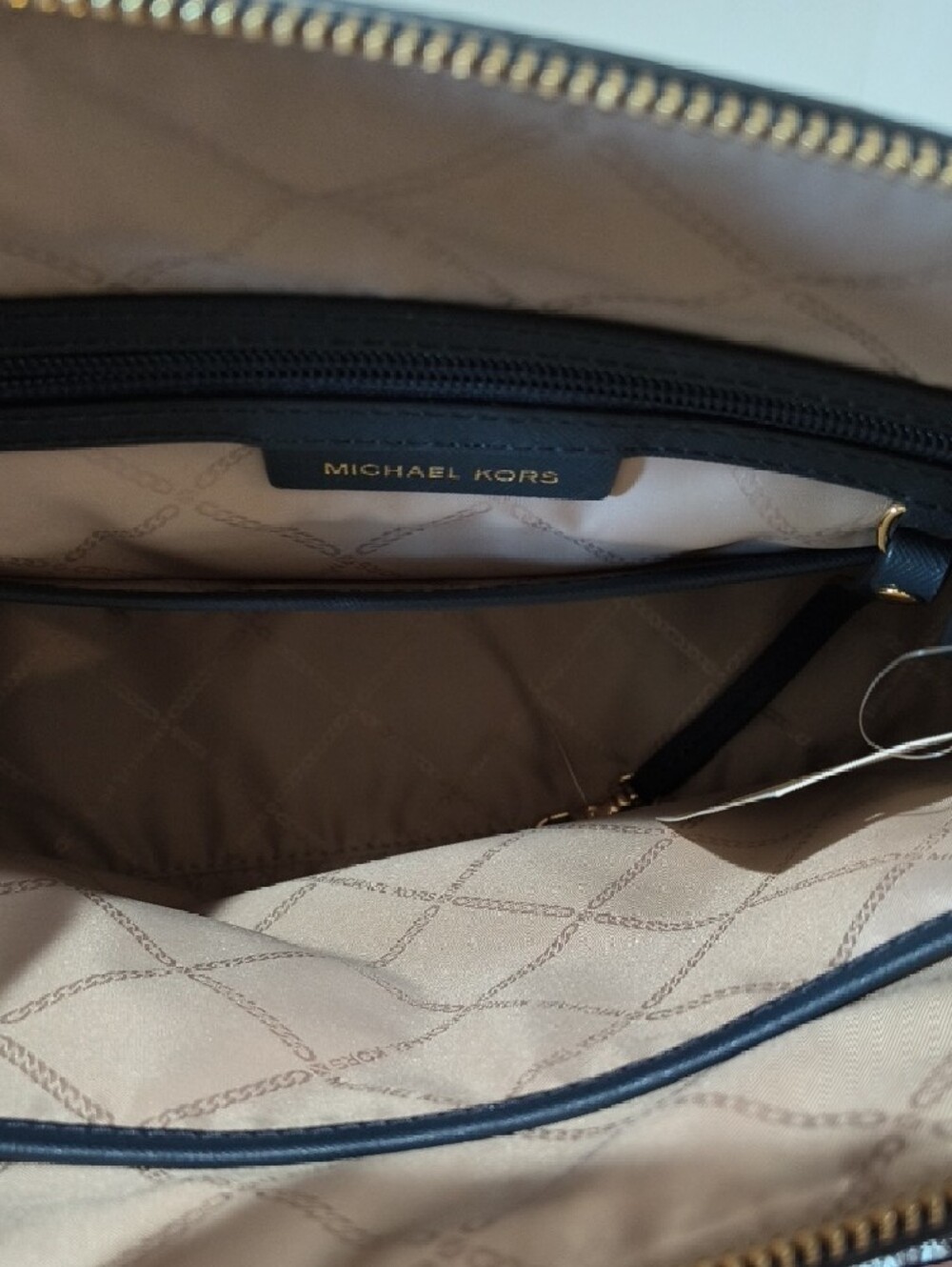 Michael Kors Hudson Navy Dome Satchel with Snake-Print Handles and Gold Hardware - Picture 4 of 17